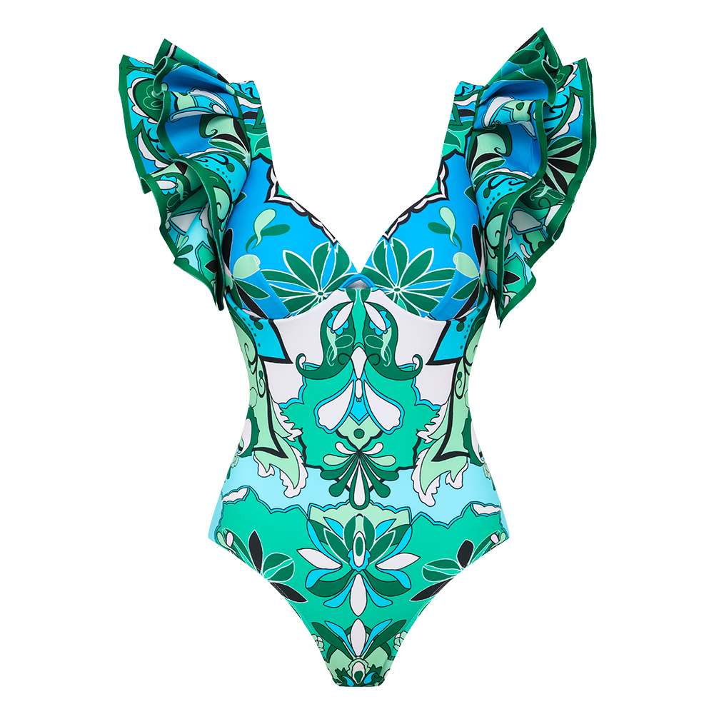 Ruffle Sleeves Blue and Green Pattern One Piece Swimsuit and Sarong
