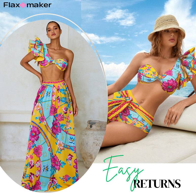 Constellation Flower Print Ruffled Bikini Swimsuit and Sarong