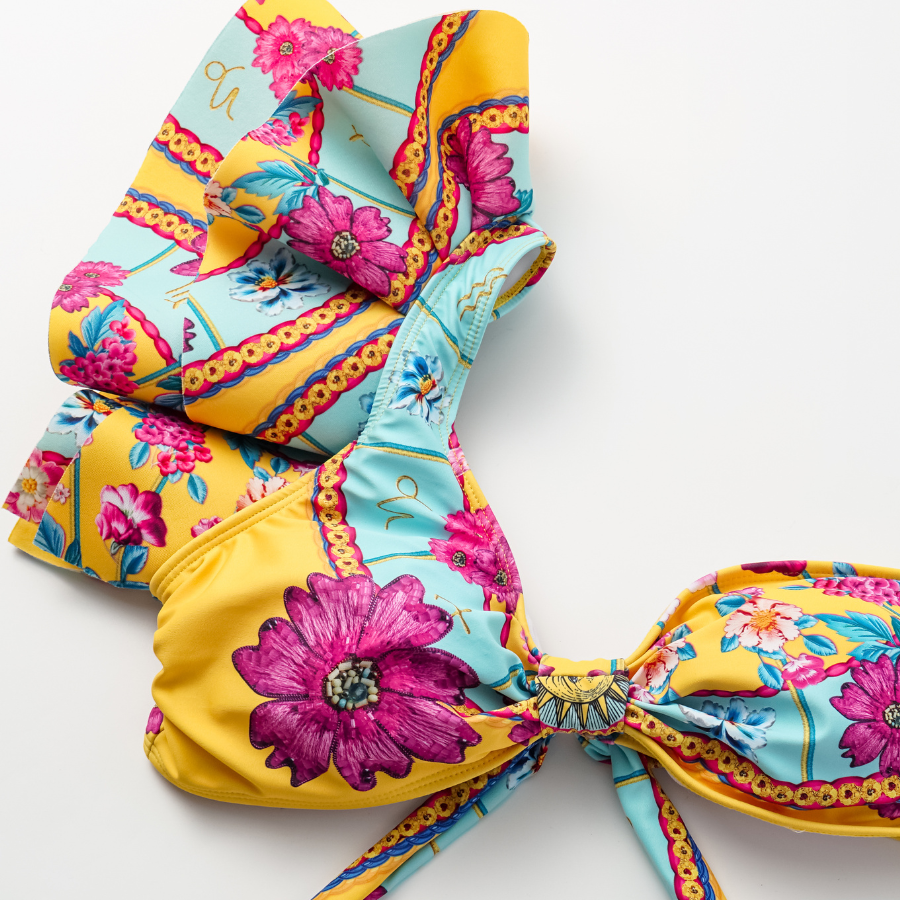 Constellation Flower Print Ruffled Bikini Swimsuit and Sarong