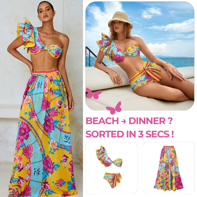 Constellation Flower Print Ruffled Bikini Swimsuit and Sarong