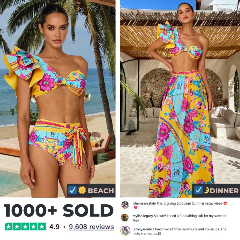 Constellation Flower Print Ruffled Bikini Swimsuit and Sarong