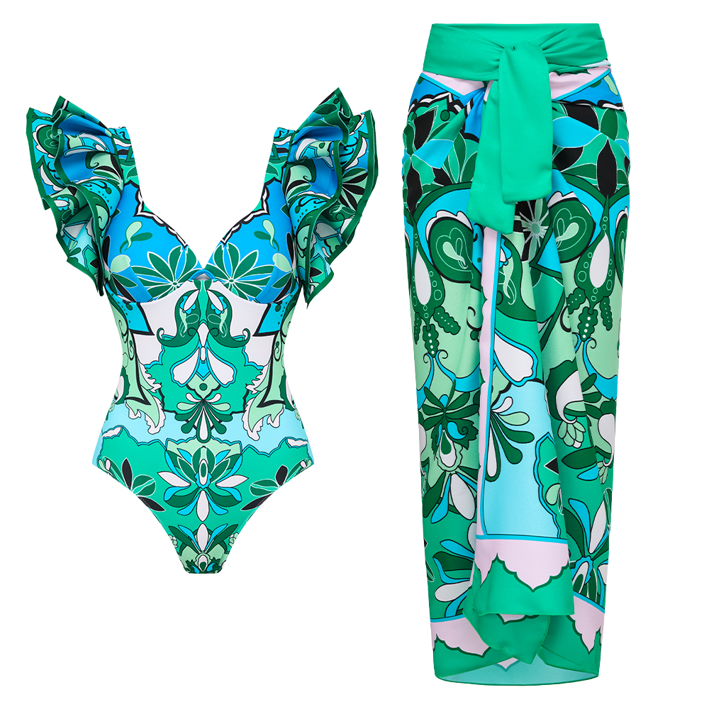 Ruffle Sleeves Blue and Green Pattern One Piece Swimsuit and Sarong