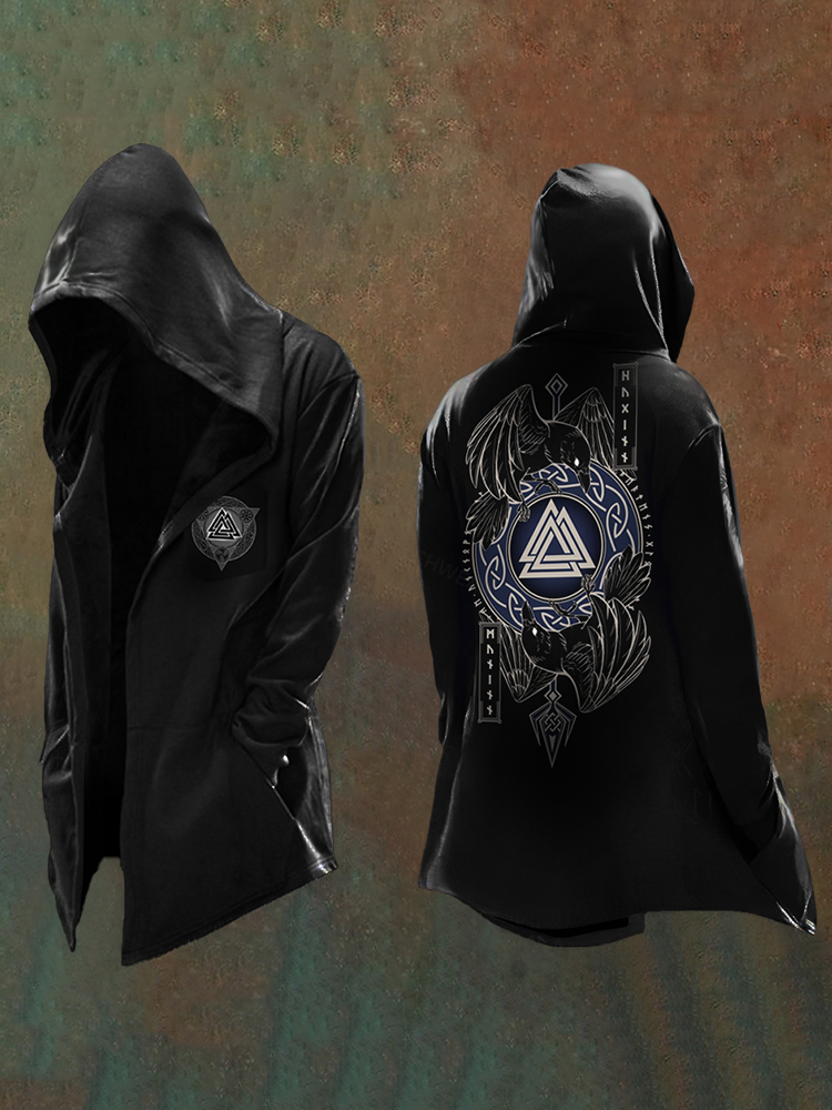 Men's Nordic Mythology Vikings Printed Raven Huginn and Muninn Totem Vintage Hooded Jacket