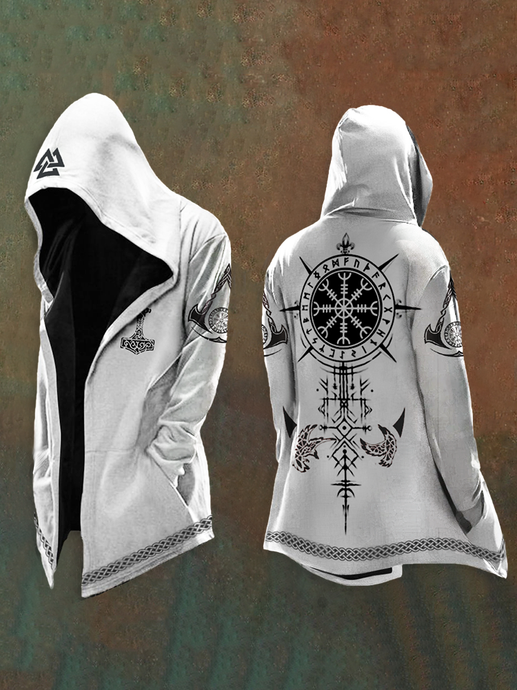 Men's Vikings Raven Totem Vintage Printed Hooded Jacket