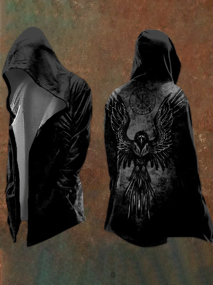 Viking Raven And Vegvisir Graphic Hooded Coat