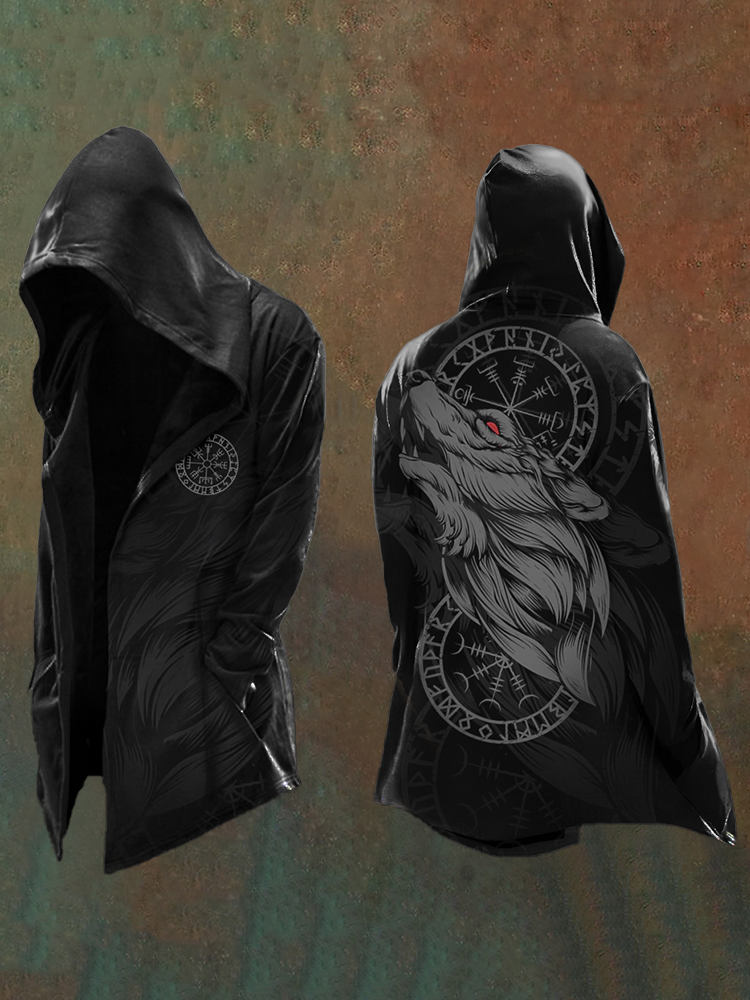 Men's Vikings Mythology Wolf Printed Vintage Hooded Jacket