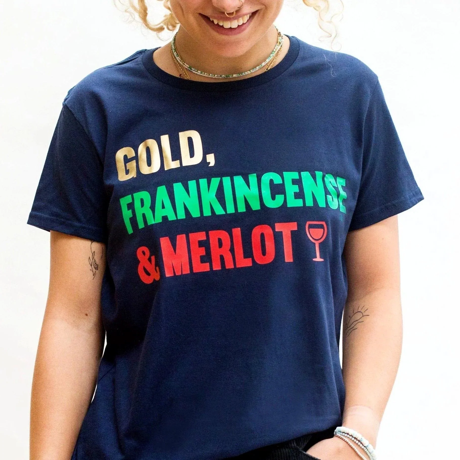 'Gold, Frankincense & Merlot' Wine Slogan Ladies Christmas T-Shirt