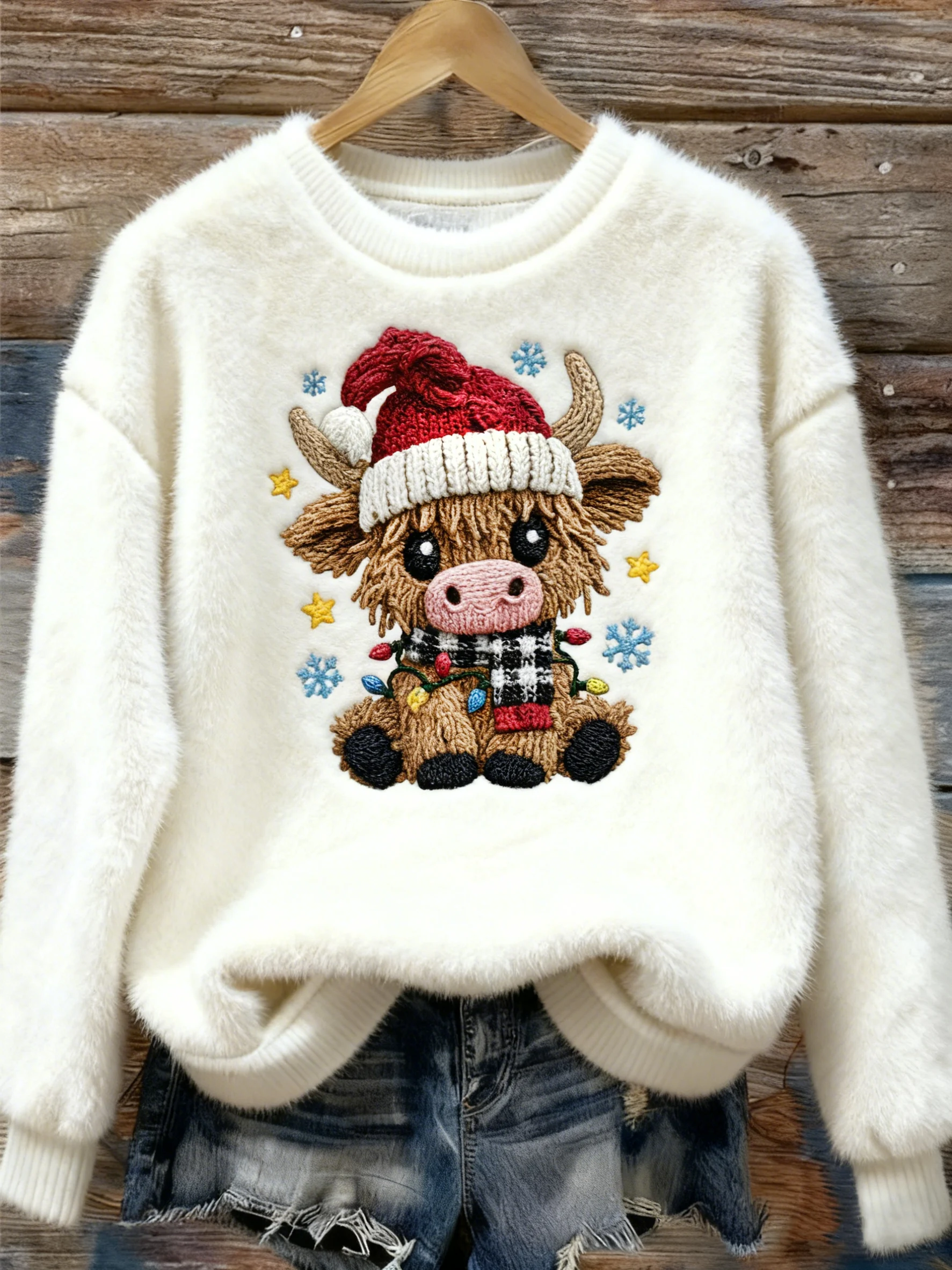 Women's Christmas Highland Cattle Print Flannel Sweatshirt