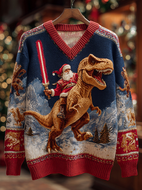 Men's Santa Claus Riding A Dinosaur And Holding A Lightsaber Print V Neck Knit Sweatshirt