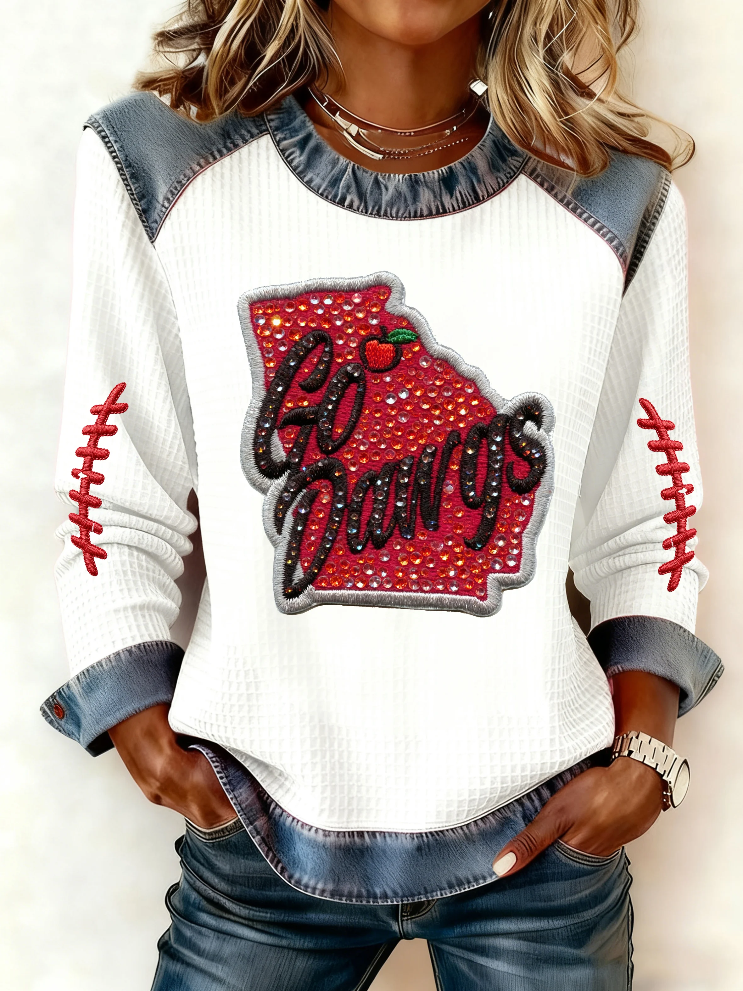 Women's Winter Retro Rugby Faux Denim Print Top