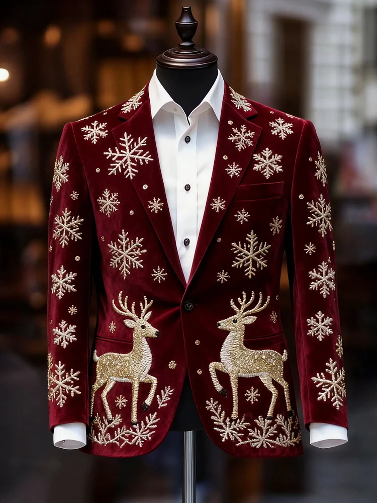 Men's Christmas Gold Snowflake and Deer Print Corduroy Blazer