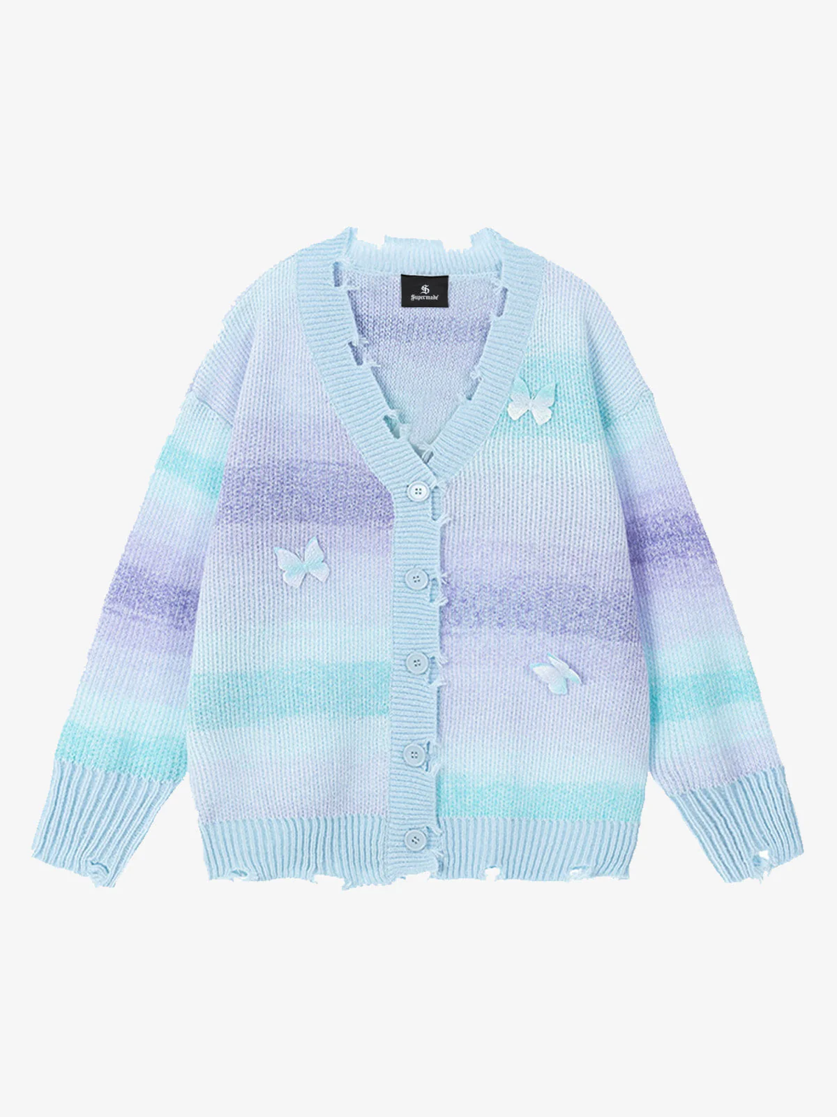 Vintage Gradient Butterfly Distressed Cardigan Sweater