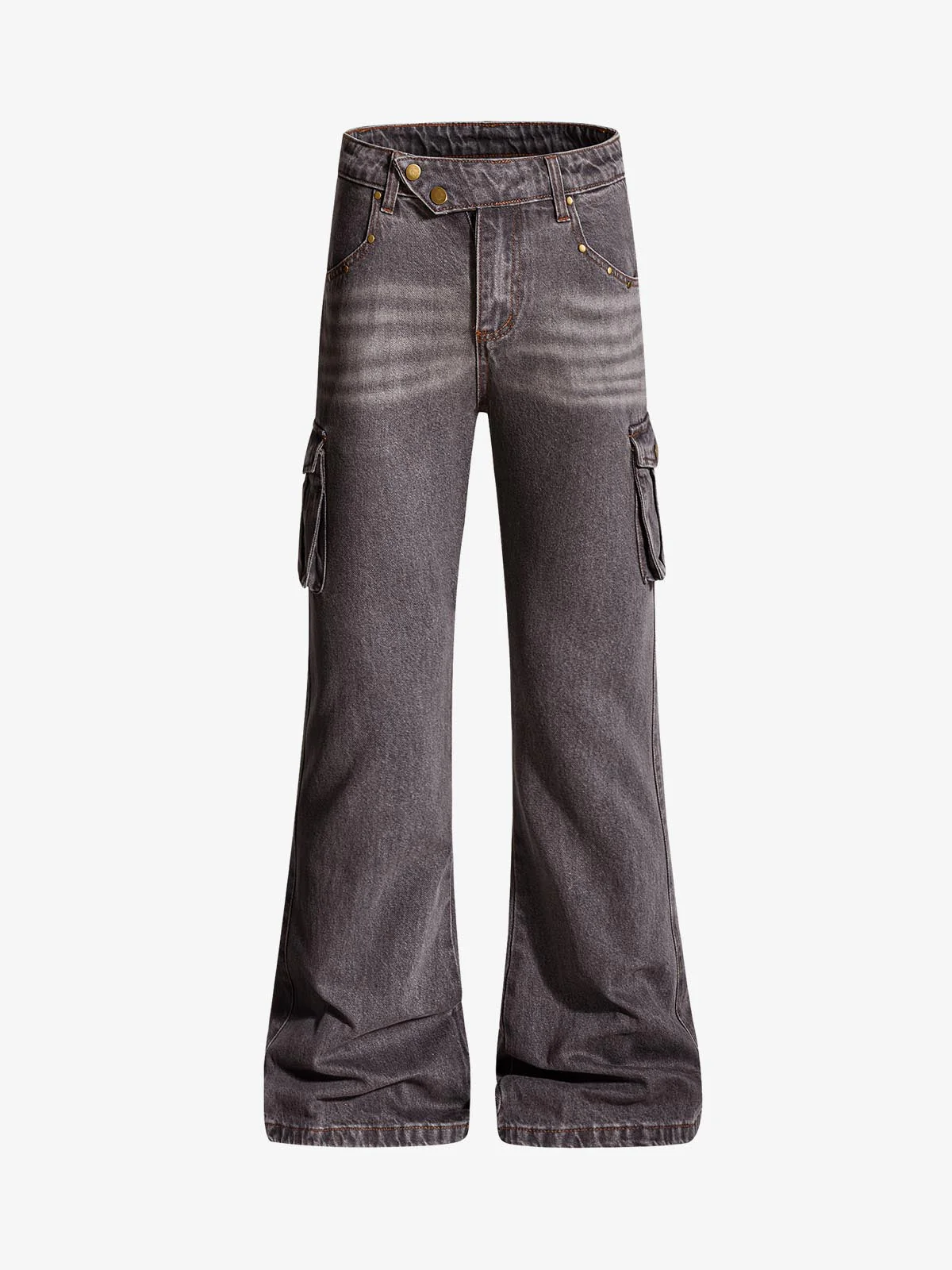 Retro Faded Multi-Pocket Flared Cargo Jeans