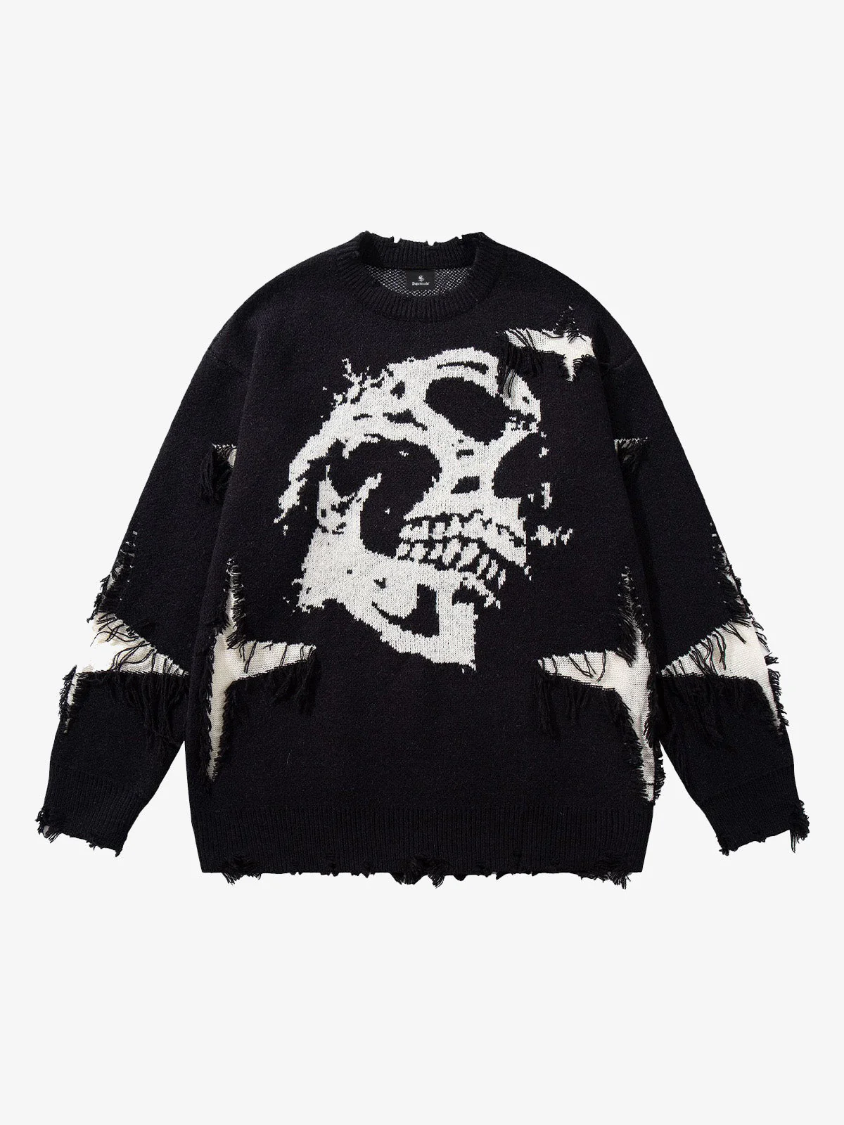Hip-Hop Dark Skull Frayed-Edge Knit Sweater