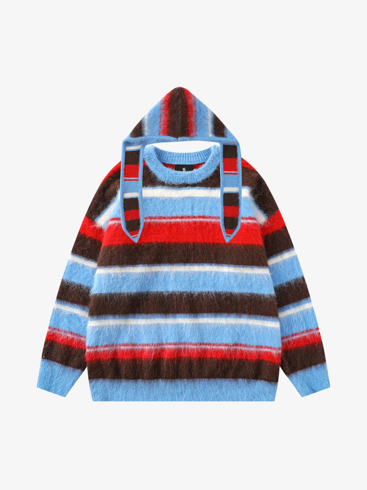 Detachable Hood Contrast Striped Mohair Pullover Sweater