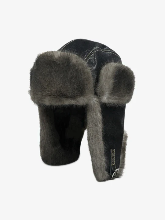Vintage Distressed Leather Plush Trapper Hat