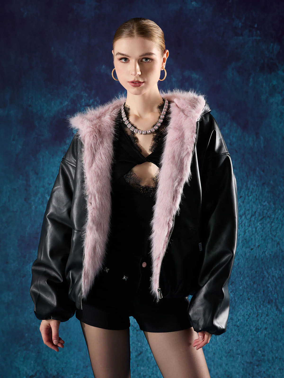 Leather Pink Fur Hooded Quilted Jacket - 2535