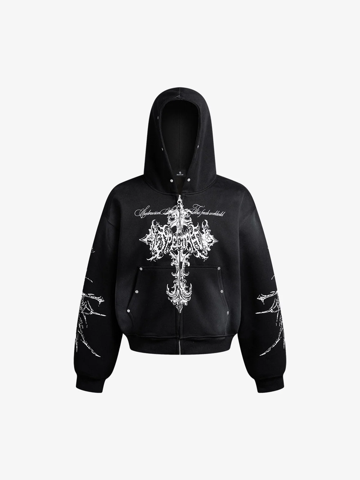 Street Wasteland Washed Cross Print Zip Up Hoodie - 2561