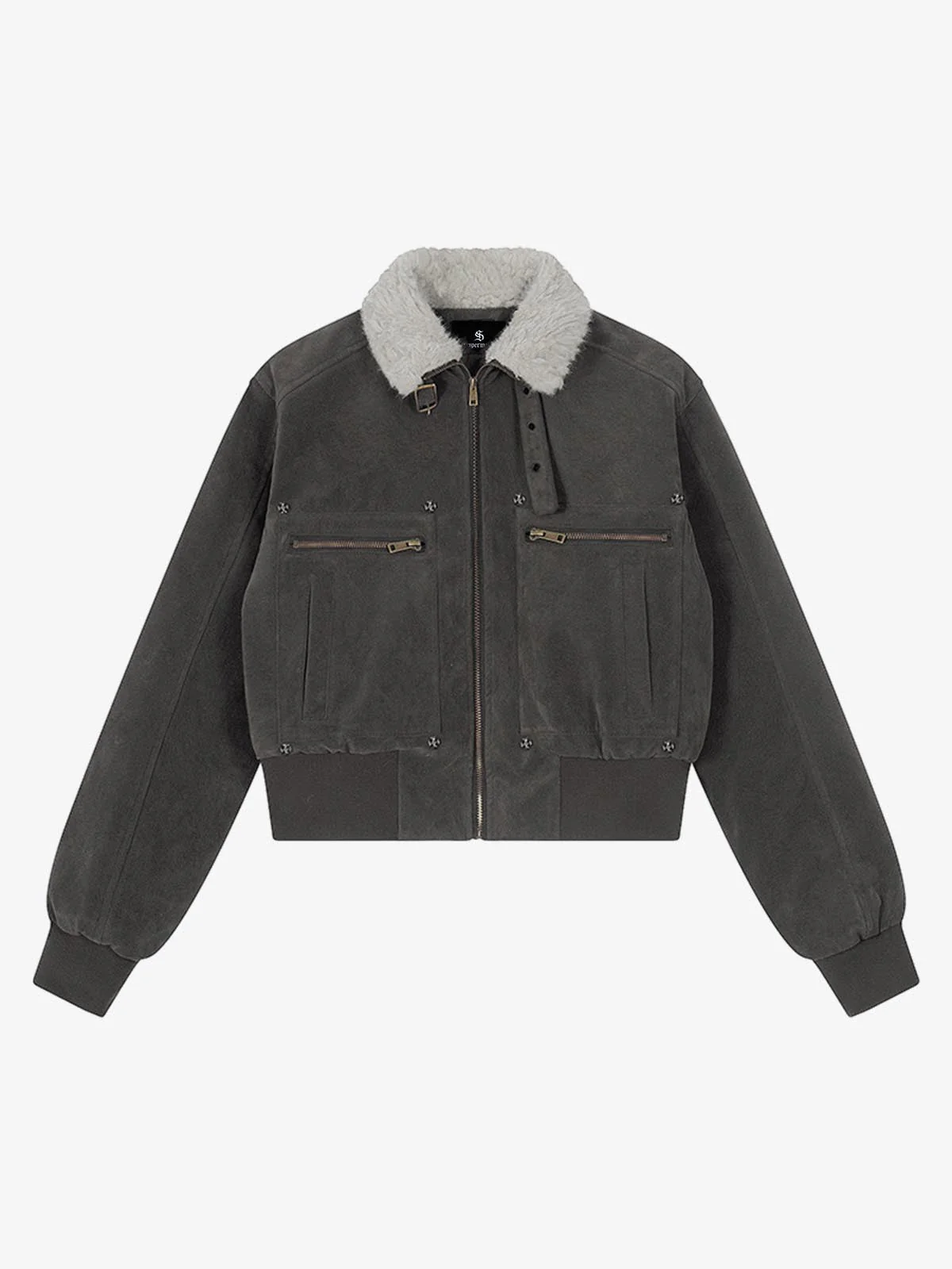 Utility Faux Shearling Collar Suede Look Zip Up Jacket
