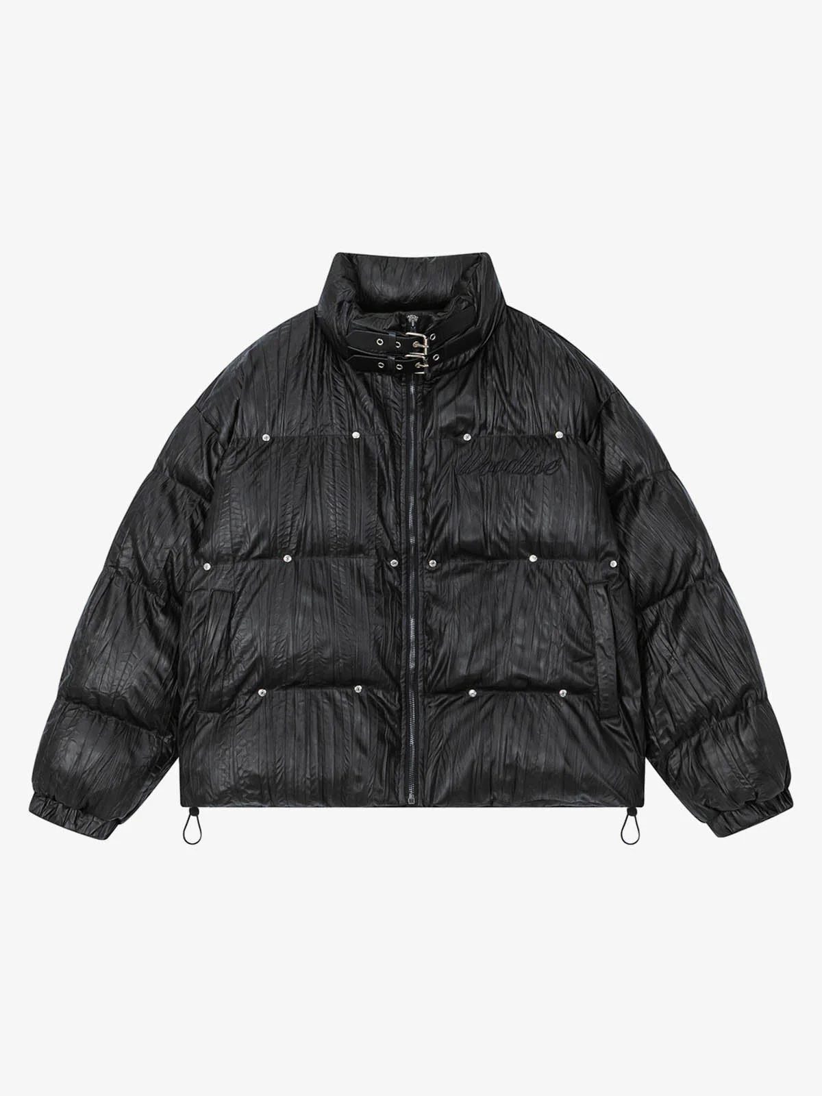 Retro Buckled High-Neck Crinkle Puffer Jacket