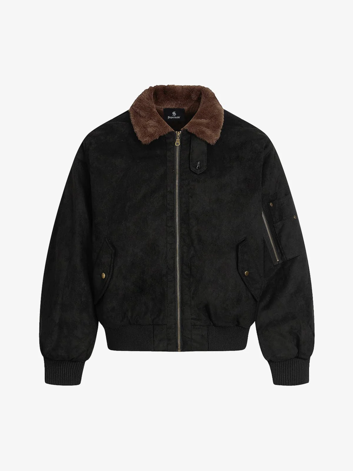 Retro Suede Faux Fur Collar Fleece Lined Bomber Jacket