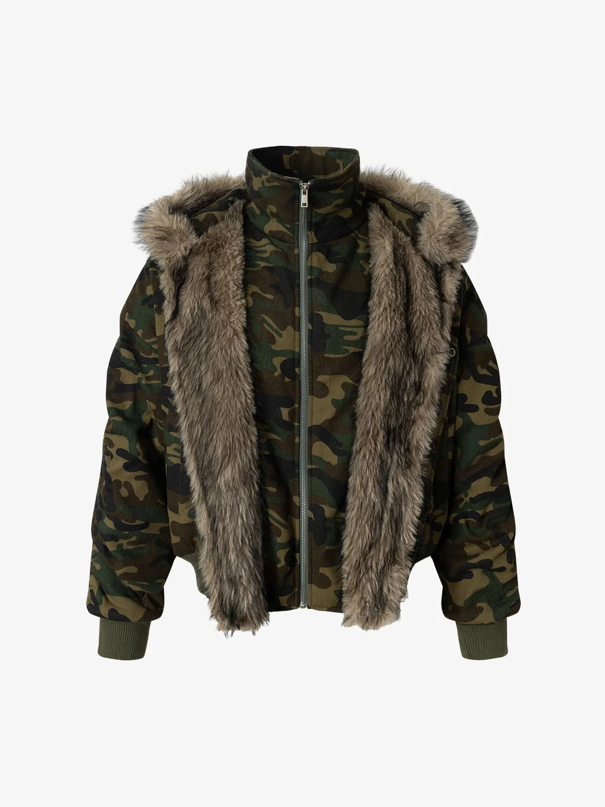 Vintage Camouflage Fur Collar Quilted Hooded Bomber Jacket