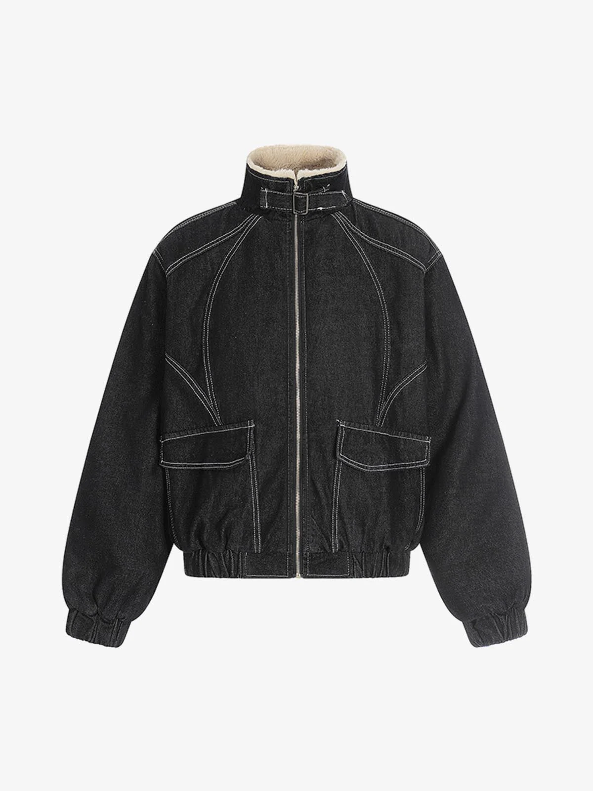 Contrast-Stitch Sherpa-Lined Stand Collar Zip Jacket
