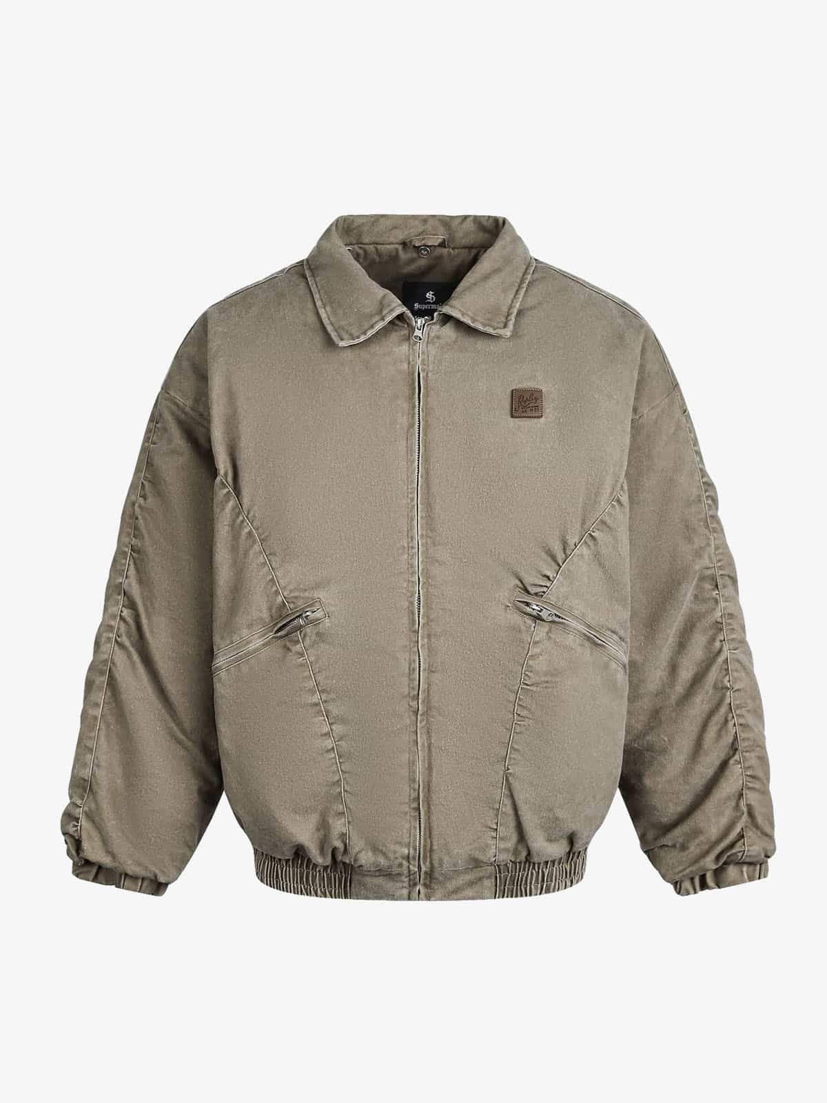 Vintage Washed Ruched Cotton Detachable Fur Collar Bomber Jacket