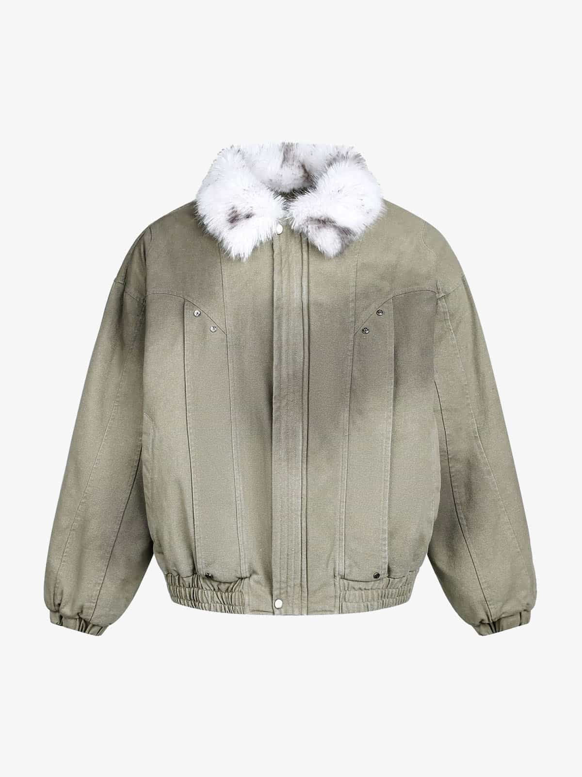 Vintage Washed Faux Fur Collar Padded Bomber Jacket
