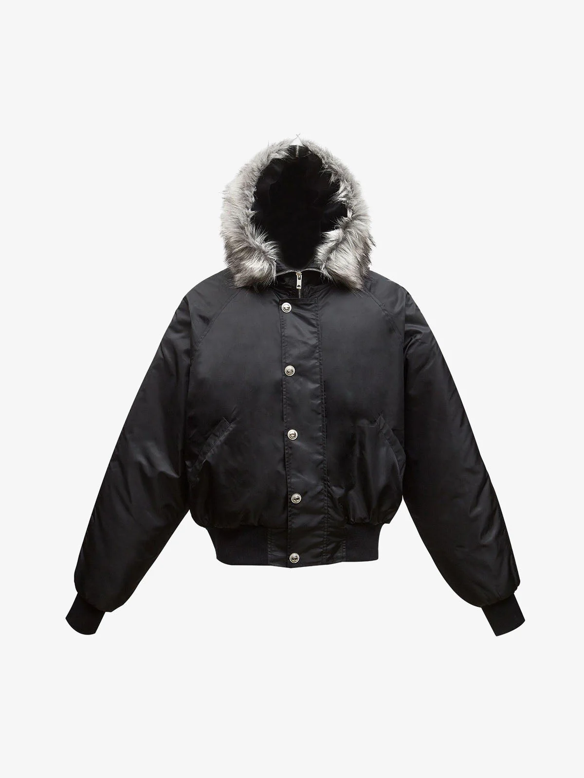 Retro Fur Trim Padded Hooded Nylon Bomber Jacket