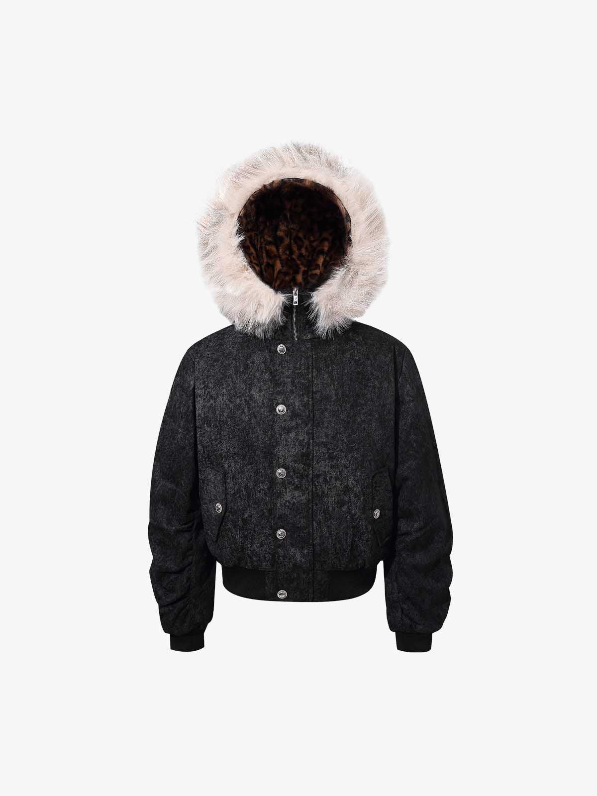 Leopard Panel Fur-Trim Hooded Bomber Jacket