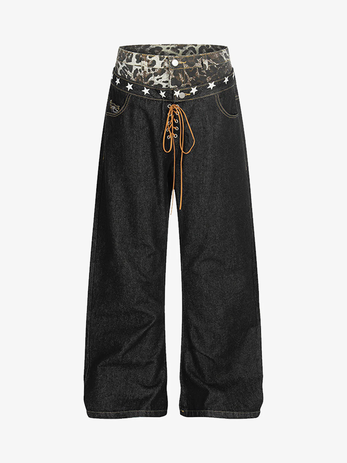 Leopard Star Print Double Waist Tie Jeans