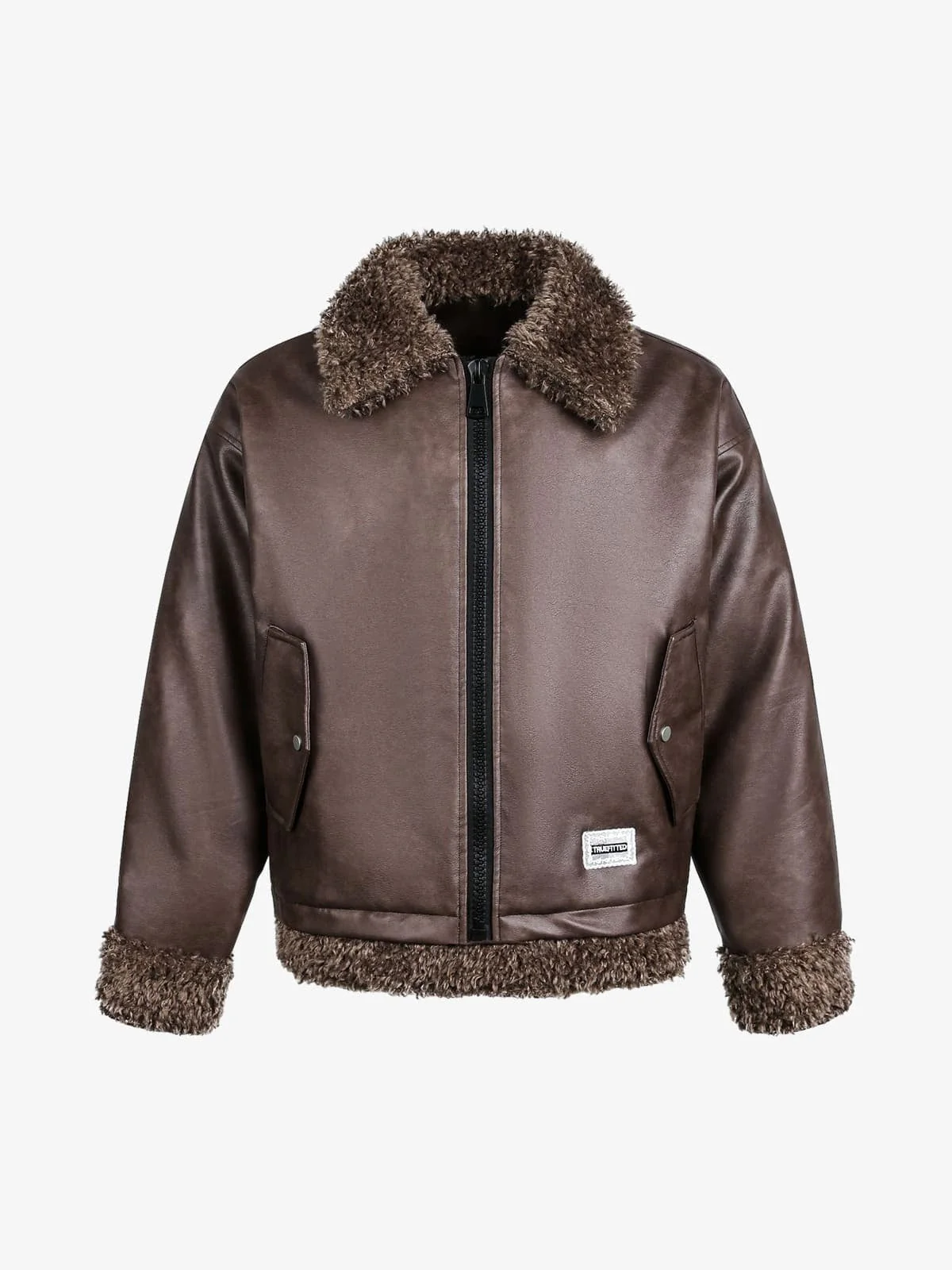 Vintage Brown Faux Fur Trim Faux Leather Padded Bomber Jacket