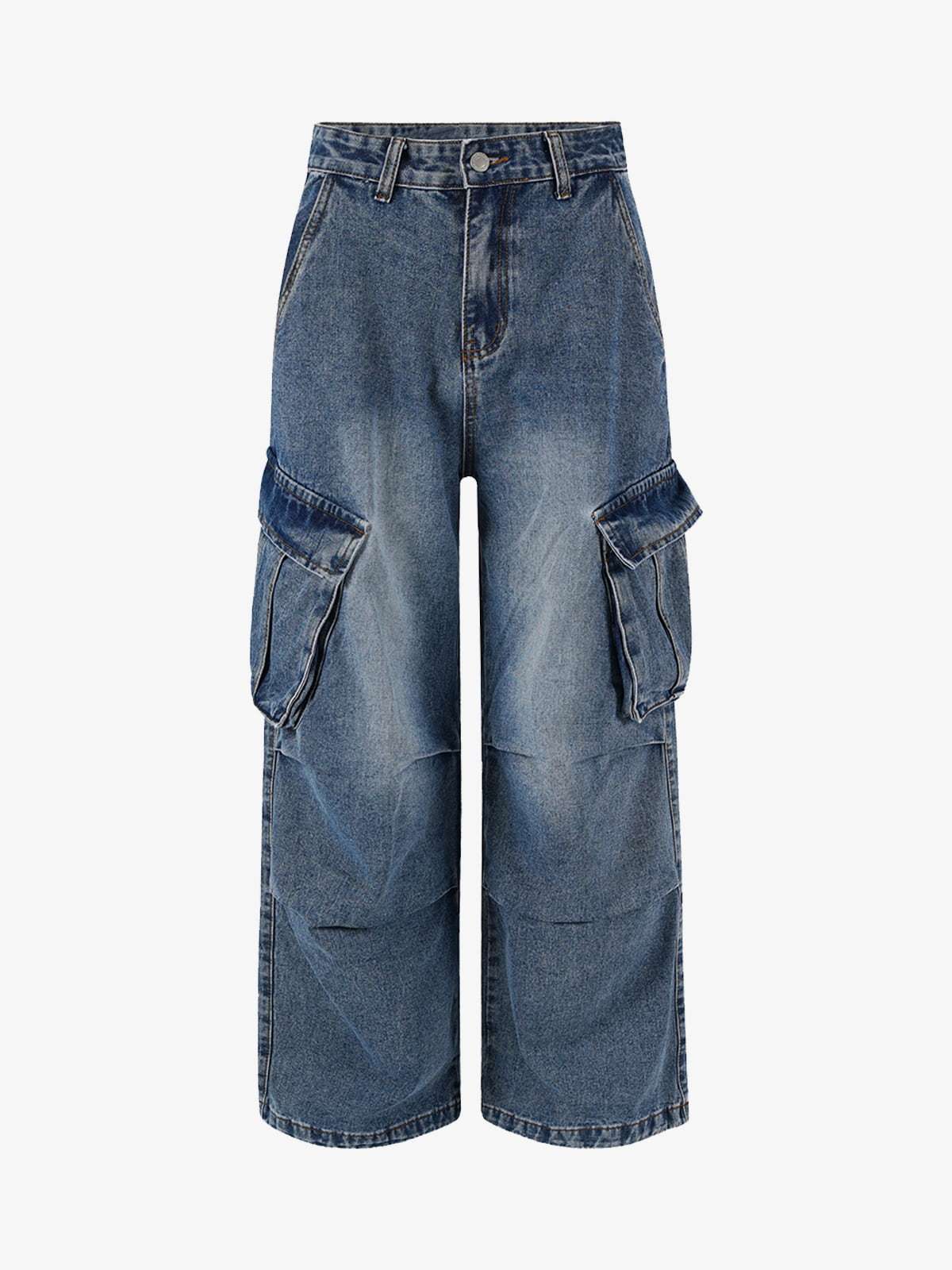 Retro Washed Cargo Multi-Pocket Straight Jeans