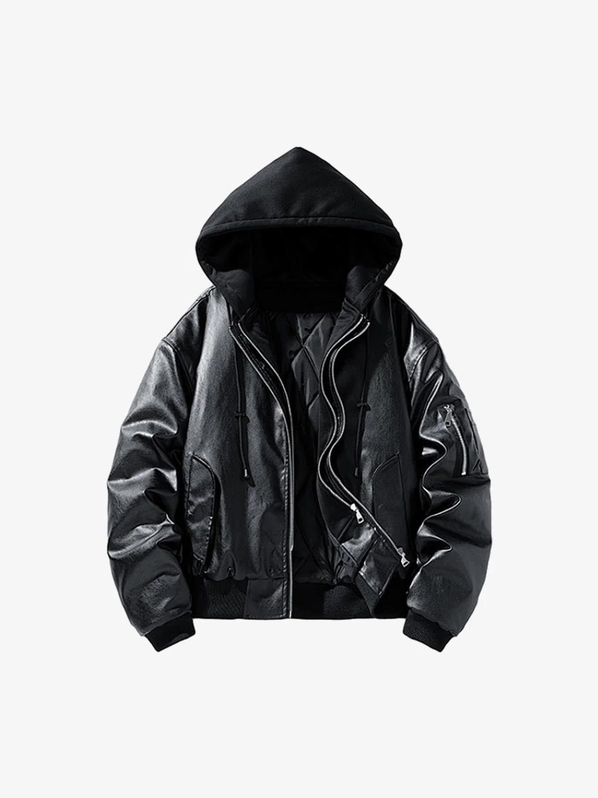 Retro Leather Faux Two-Piece Hooded Padded Bomber Jacket