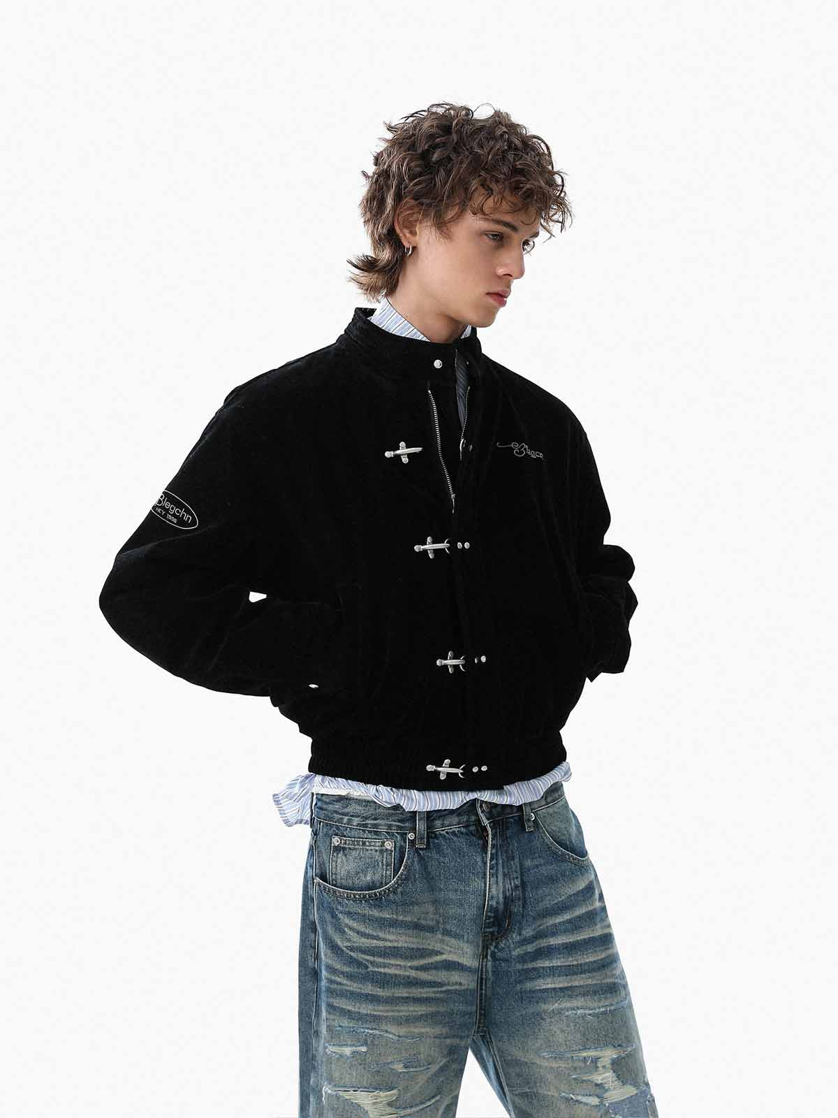 Vintage Suede Embroidered Metal Clip Down Jacket