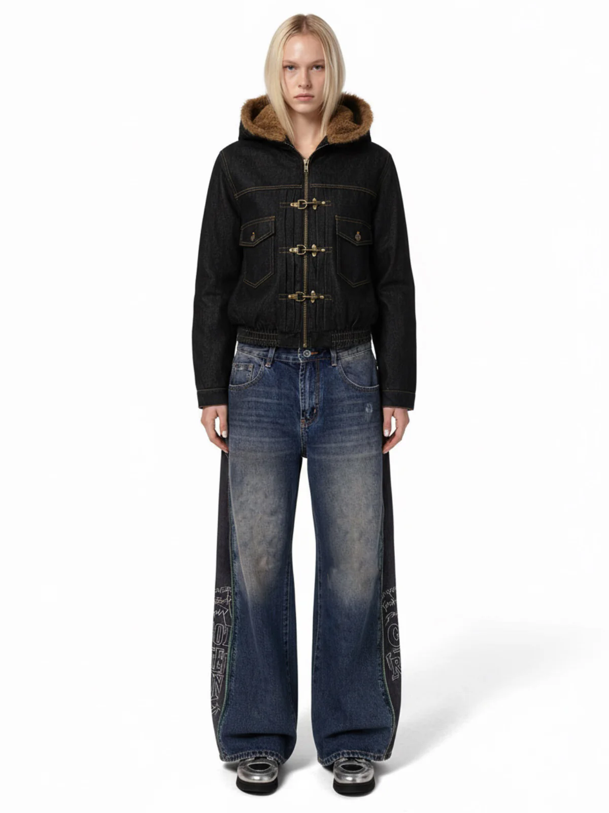 Vintage Denim Mental Buckle Faux Fur Lined Hoodie Jacket