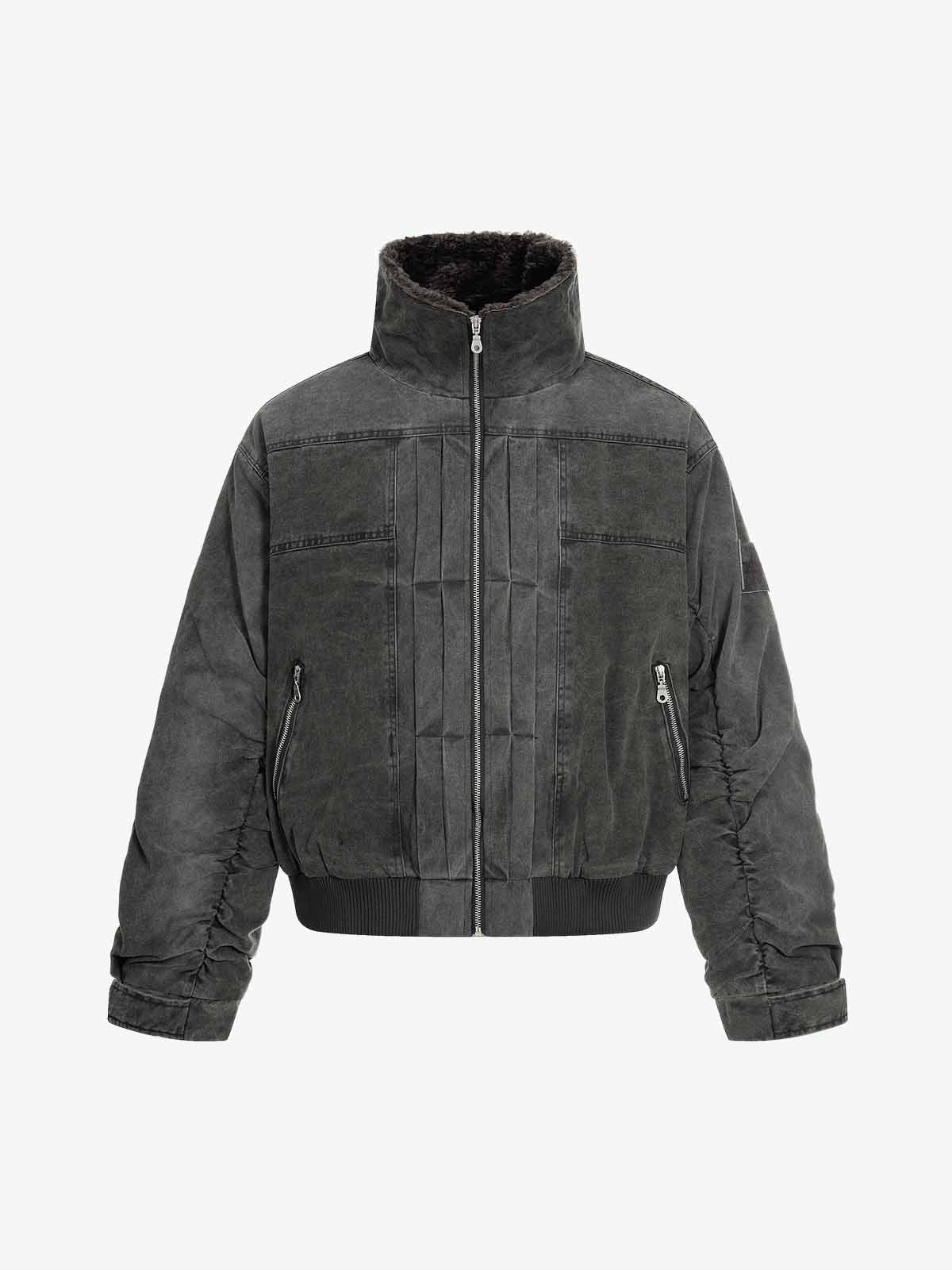 Vintage Distressed Pleated Shearling Collar Fleece Jacket