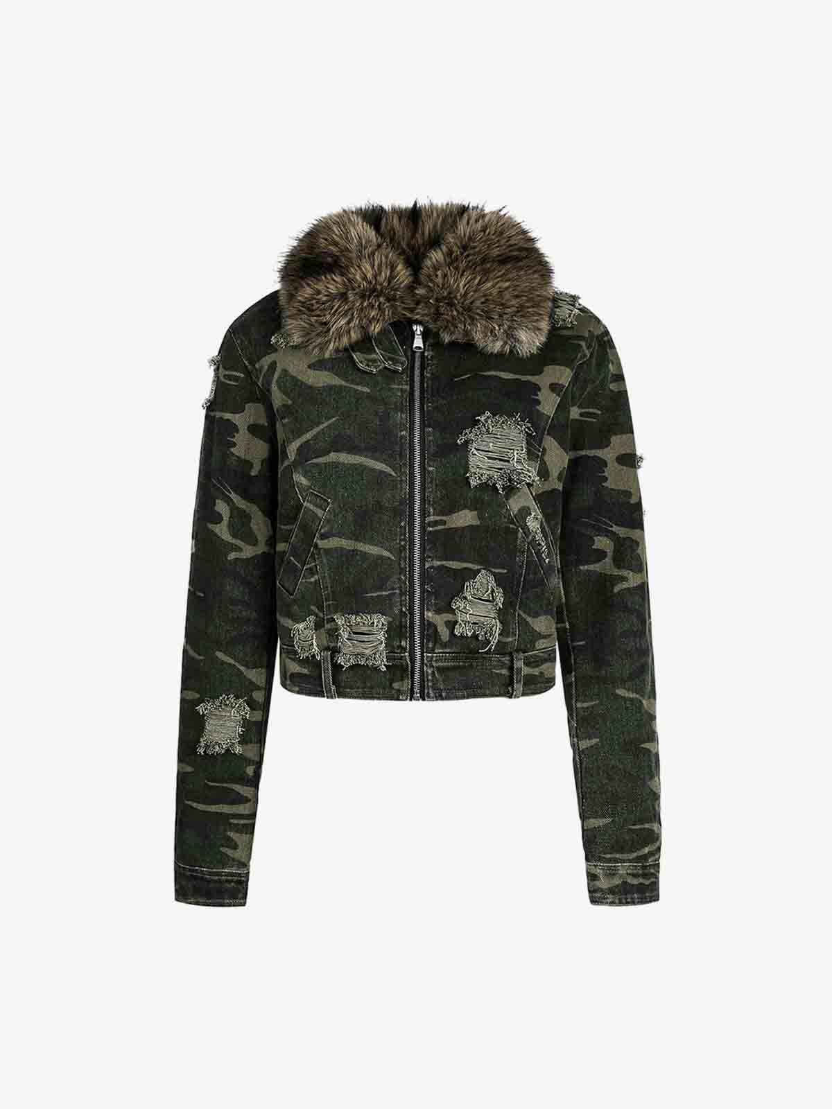 Camouflage Ripped Fur Collar Jacket