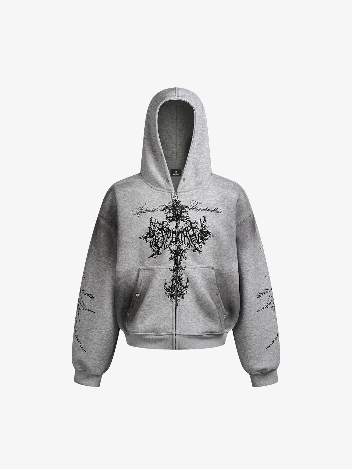 Street Wasteland Washed Cross Print Zip Up Hoodie