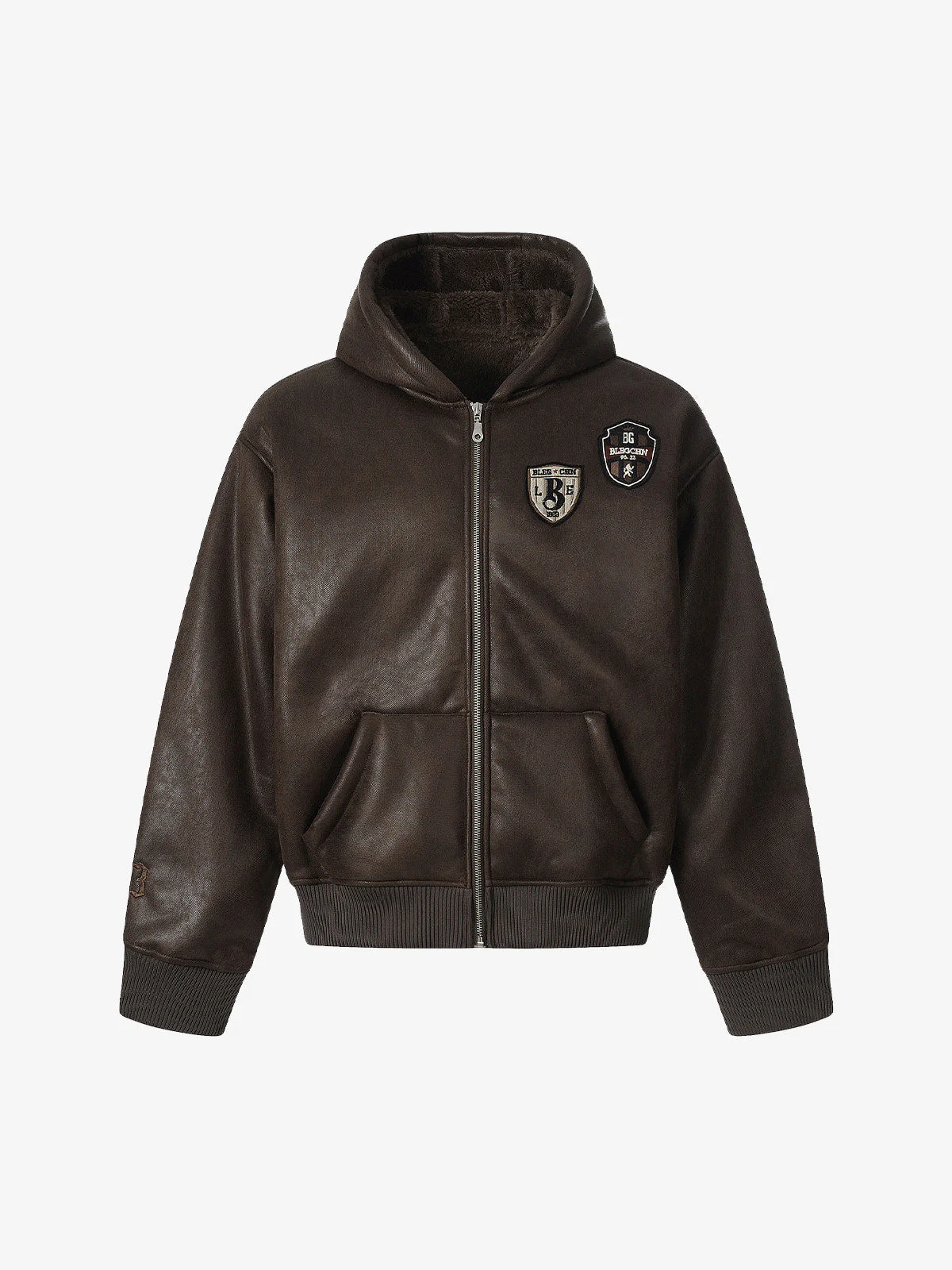 Vintage Leather Badge Fleece-lined Hooded Zip Bomber Jacket