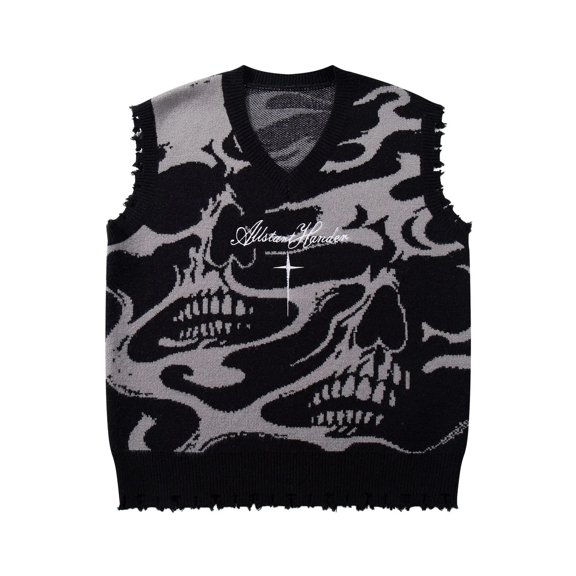 High Street Dark Skull Frayed-edge V-neck Sweater Vest