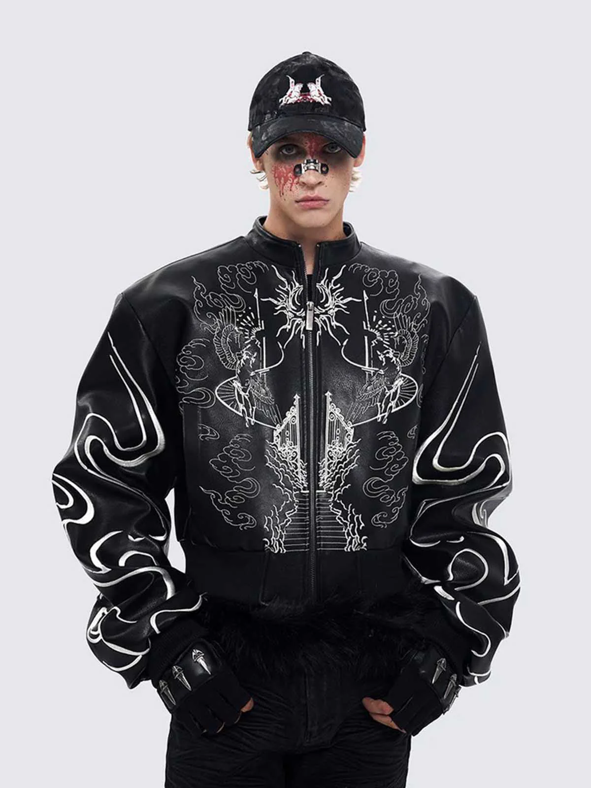 Retro Gothic Embroidered Stand-Collar Motorcycle Leather Bomber Jacket