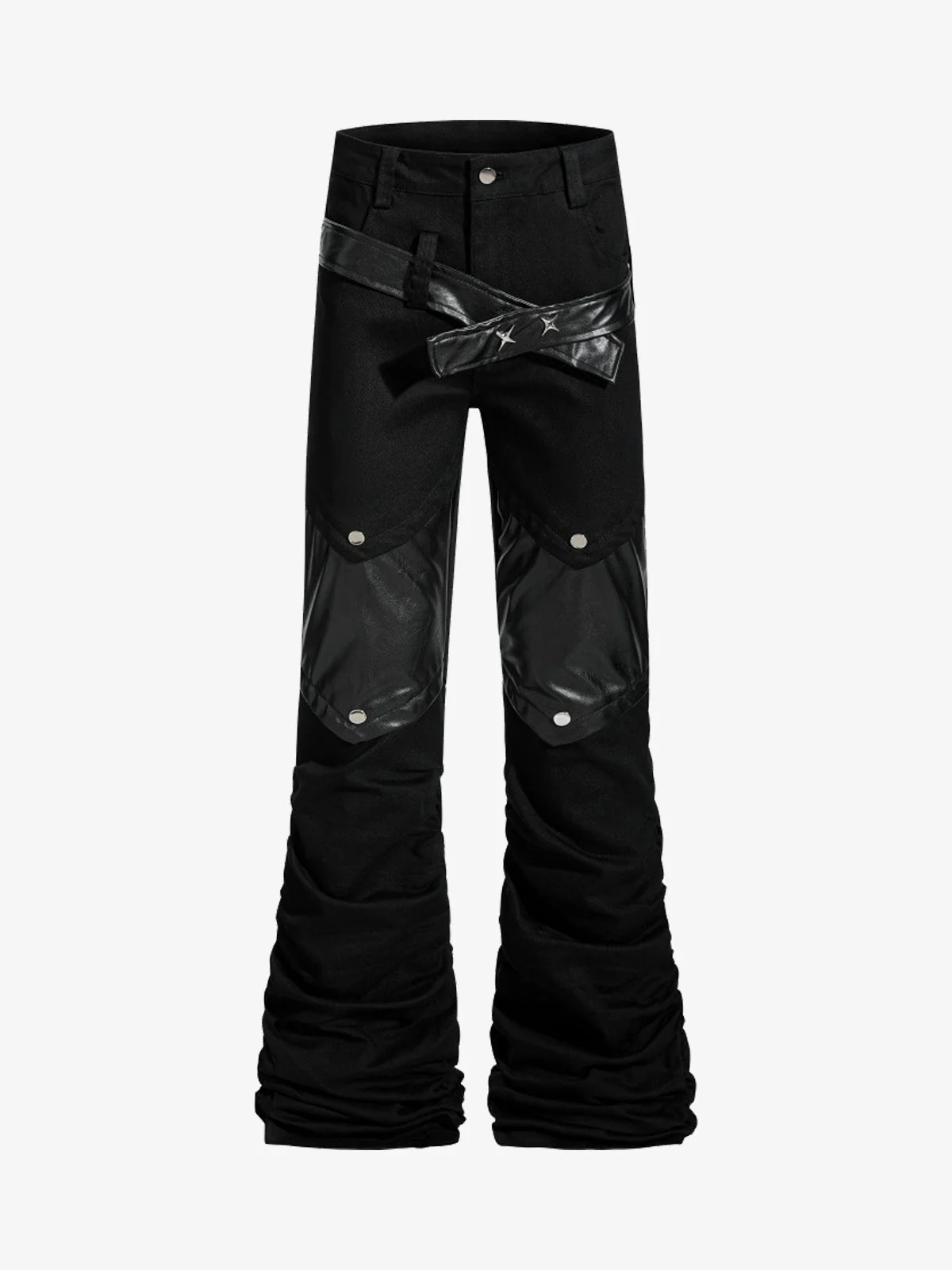 Vintage Heavy Pleated PU Leather Stitch Patchwork Flared Pants