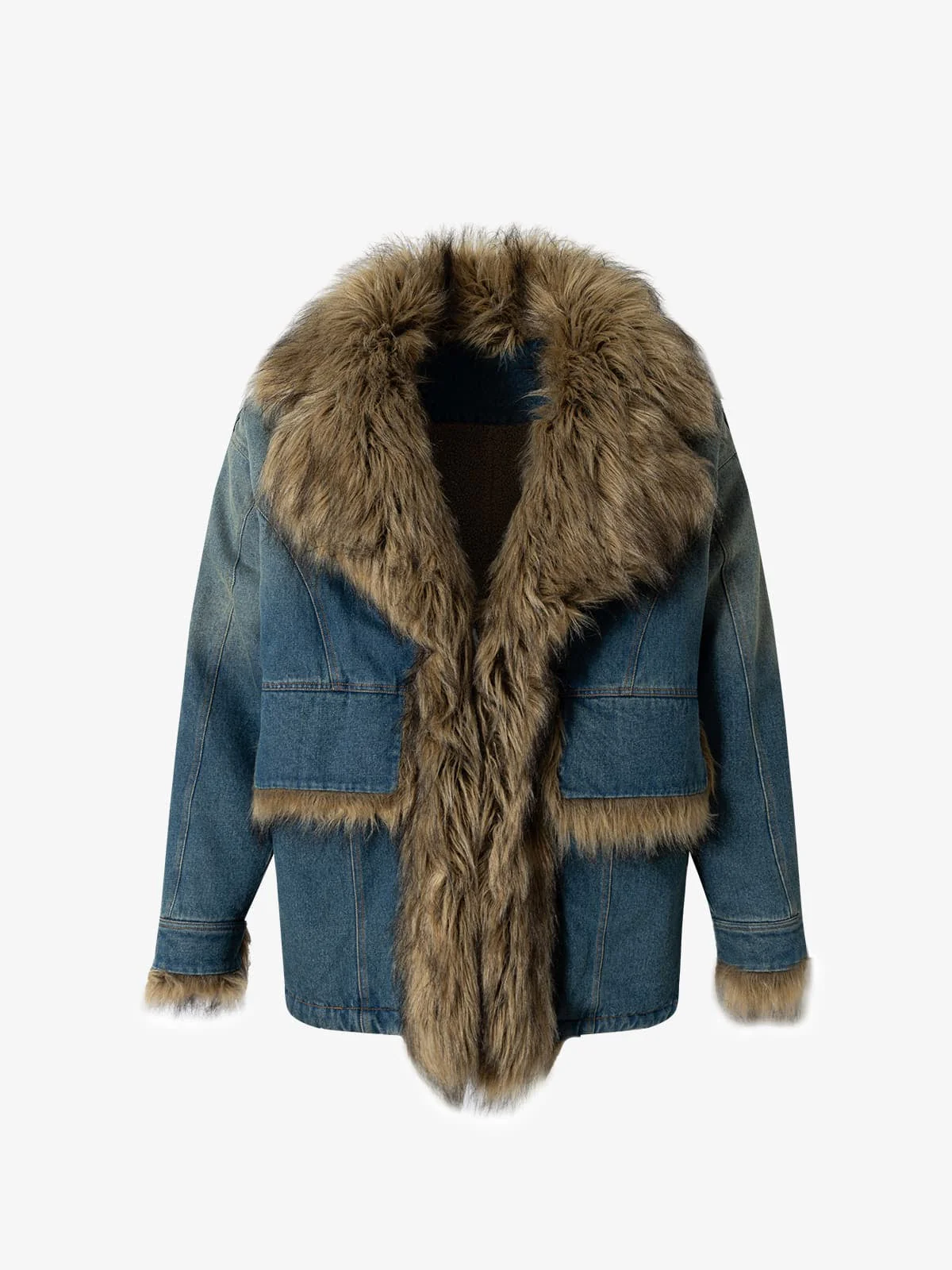 Street Retro Fur Patchwork Washed Denim Cotton Jacket