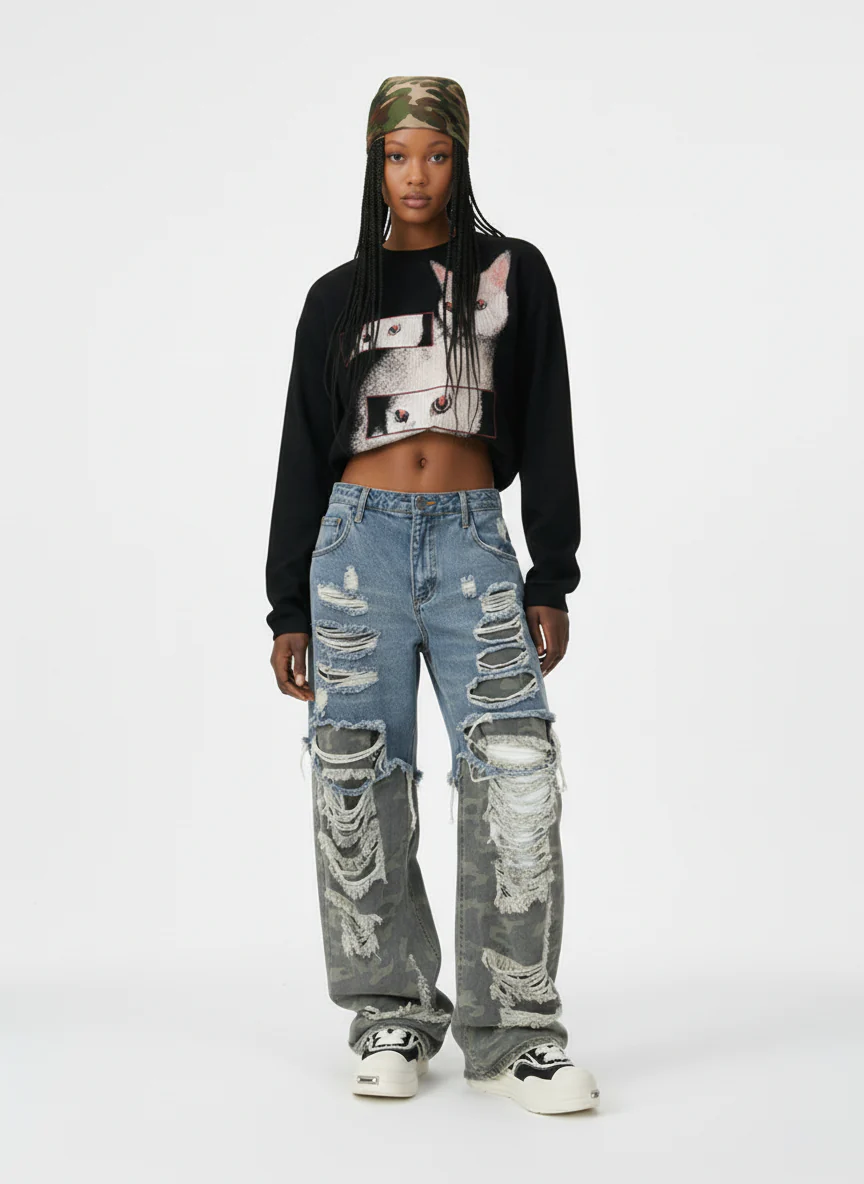 Camouflage Patchwork Ripped Cargo Jeans - 2452