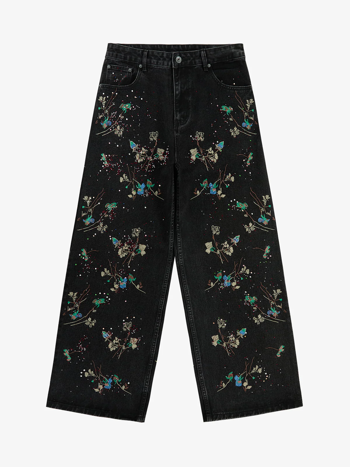 Vintage Floral Embroidery Rhinestone Straight Jeans