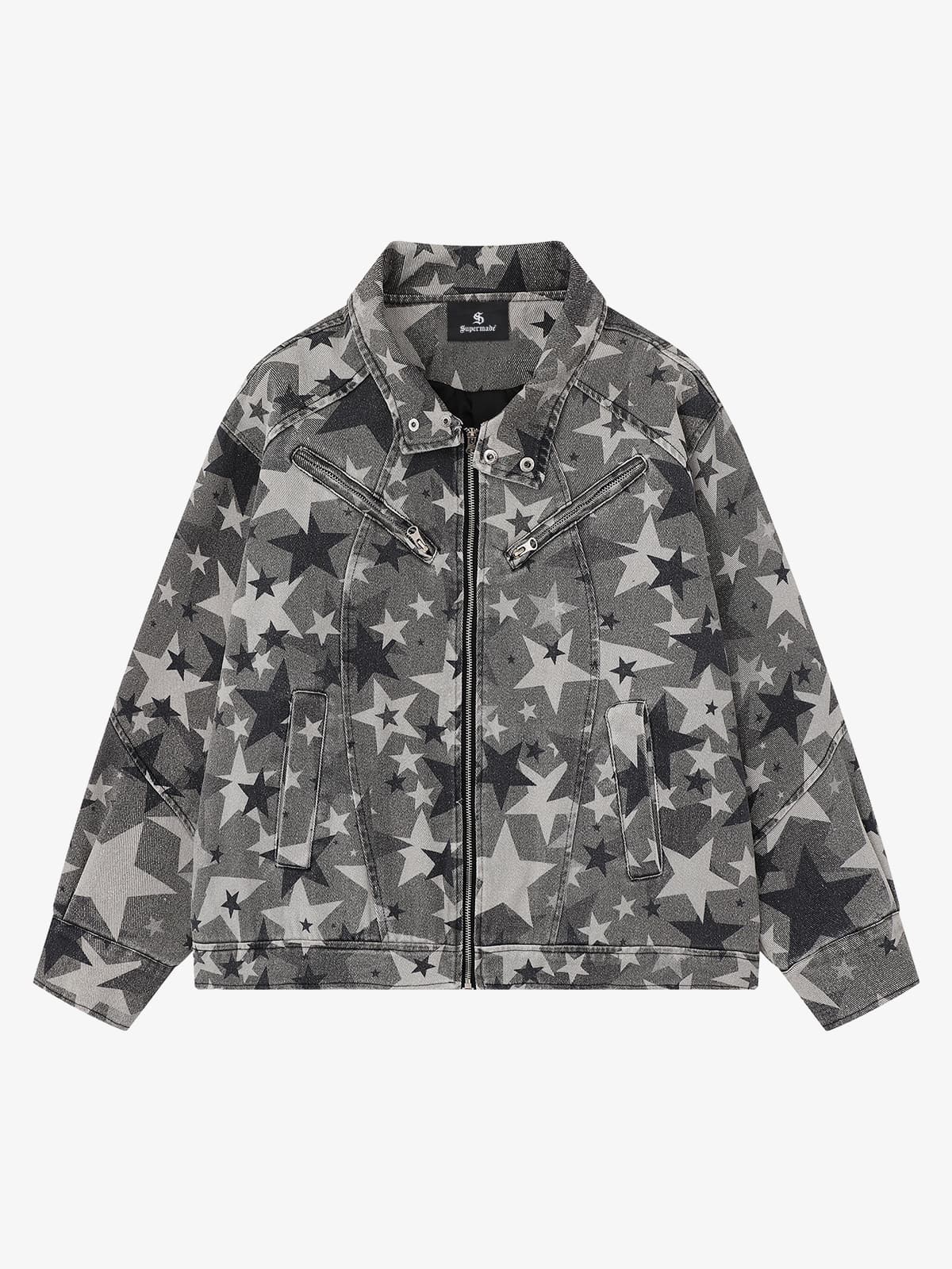 Retro Star-Printed Motorcycle Harrington Denim Jacket