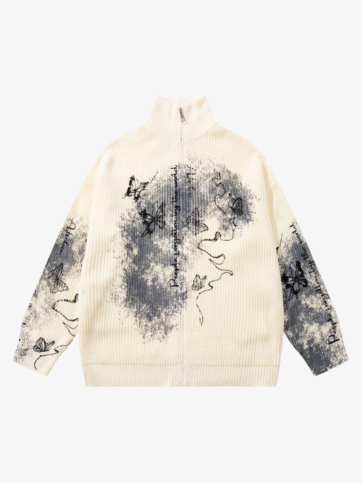 Ink-Splashed Butterfly Jacquard Zip Knit Sweater