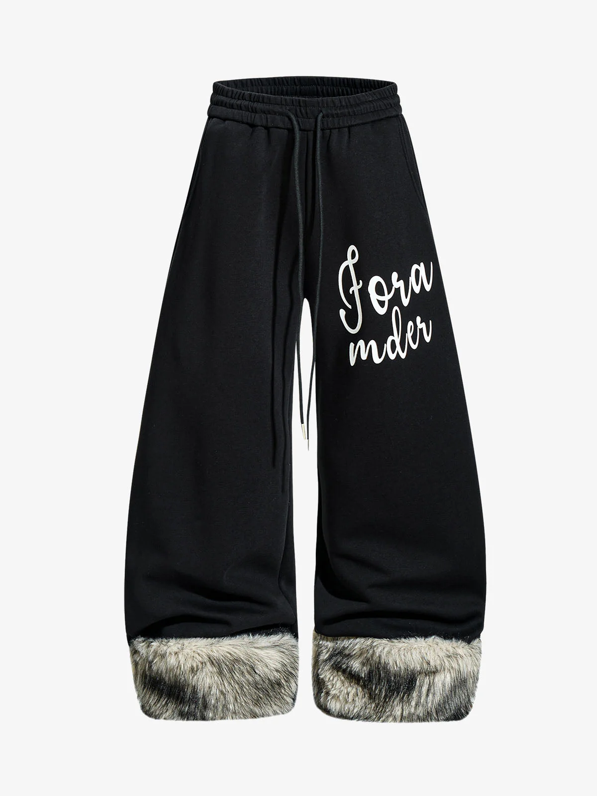 Faux Fur Spliced Hem Wide-Leg Sweatpants